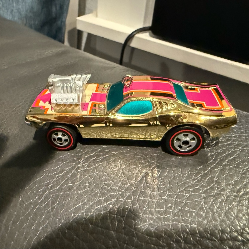 Mattel Gold Car with Pink and Teal Highlights Christmas ornament